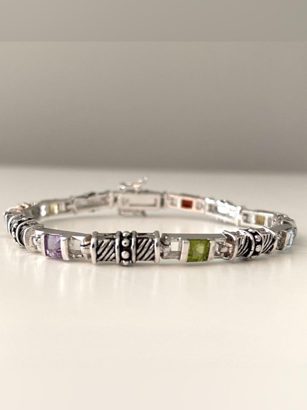 Tennis bracelet with multi color faceted gems, Silver 925, double safety clasp